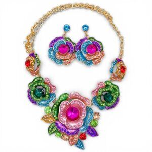 NEW Multi-Color Rhinestone Rose Flower Bib Statement Necklace & Earring Set